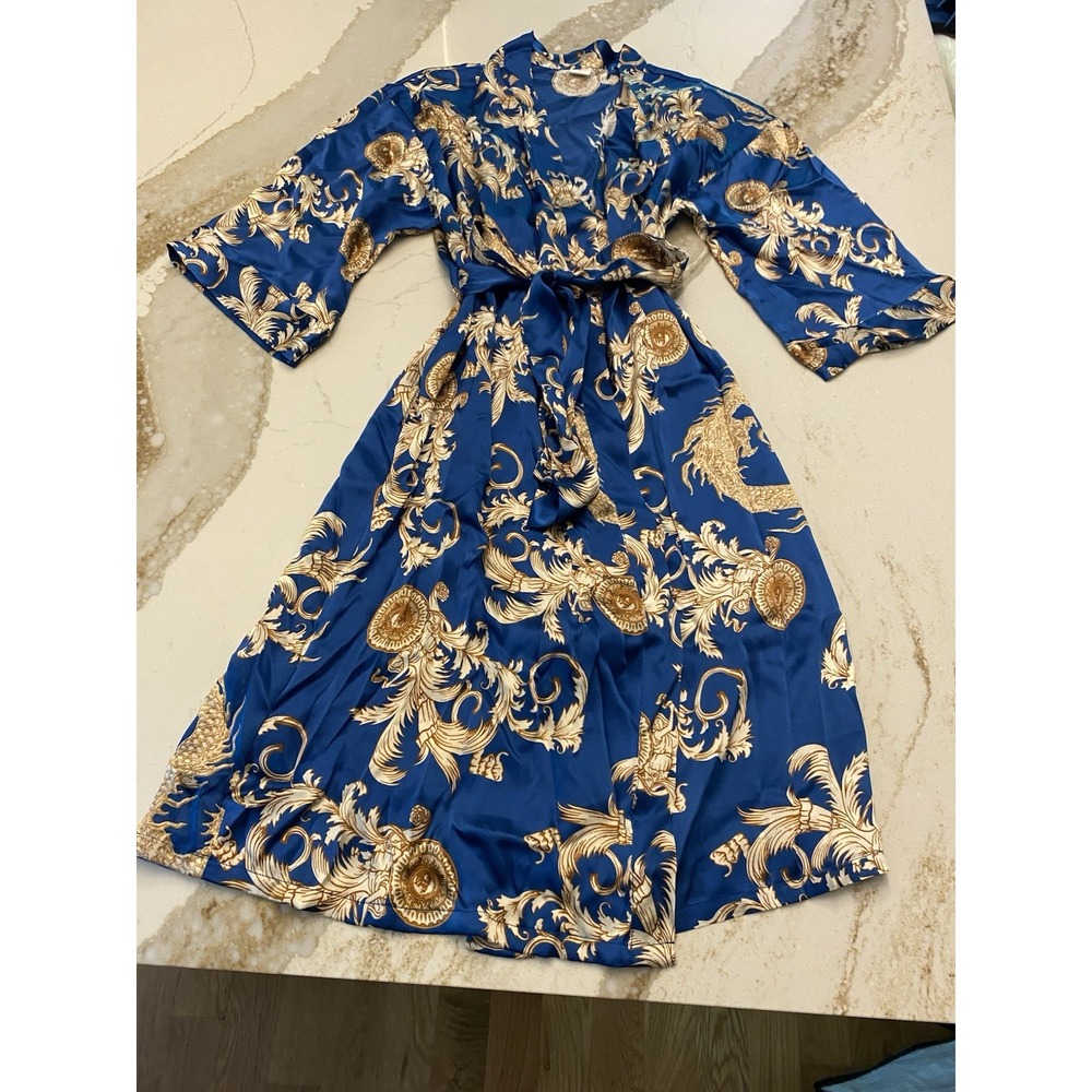 Silksilky 100% Silk Kimono Robe M Blue Gold Baroque Print Belted